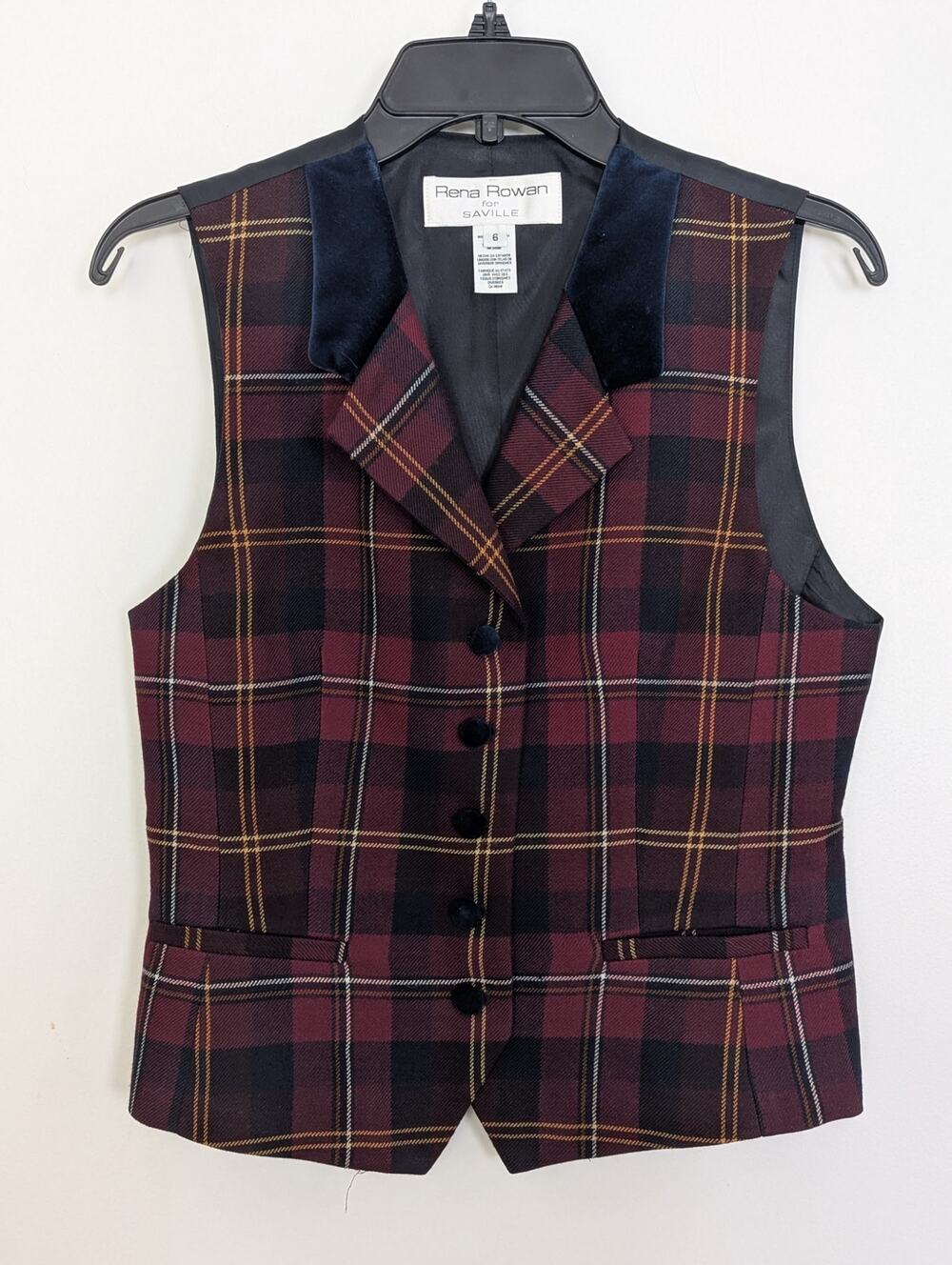 Vtg Rena Rowan for Saville Plaid Vest Size 6 Velvet Collar Button Front USA